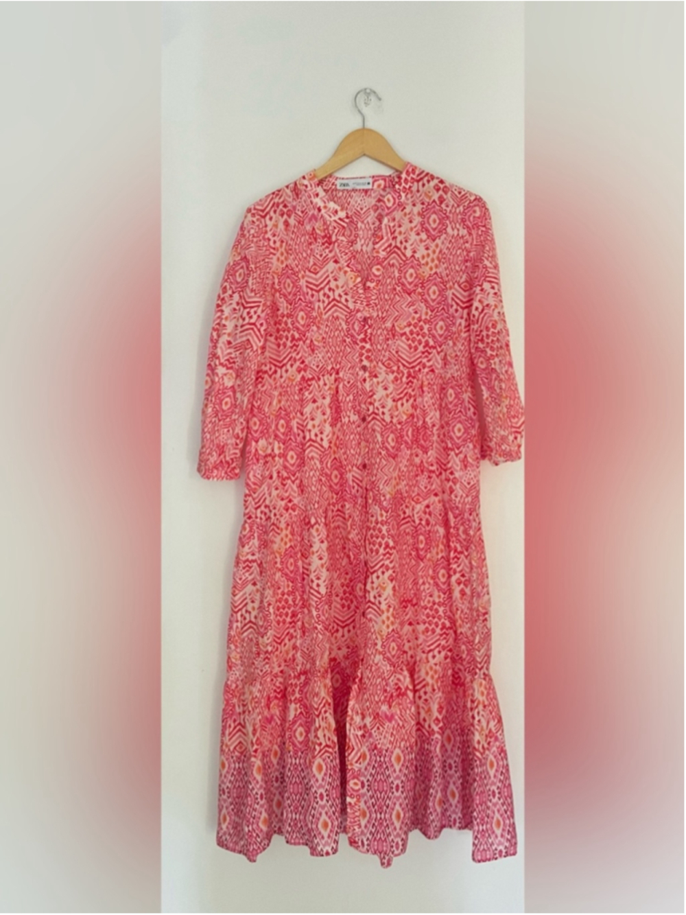 ZARA Pink Boho Print Tiered Midi Dress | Size M | 100% Cotton | 3/4 Sleeve - Picture 2 of 6